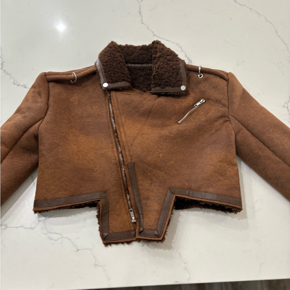 Brown Leather Jacket with Shearling Collar